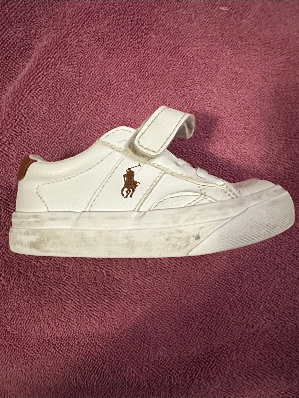 Ralph Lauren White Kids Polo Sneaker with Brown Logo Accent